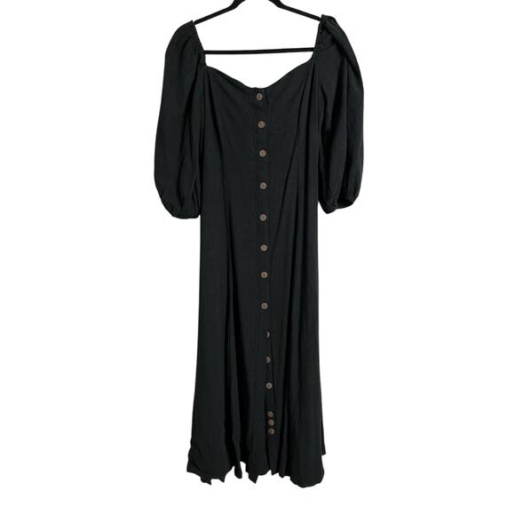 LelaSilk Black Linen Button Front Midi Dress Puff Sleeve Custom Cottagecore - Picture 1 of 10